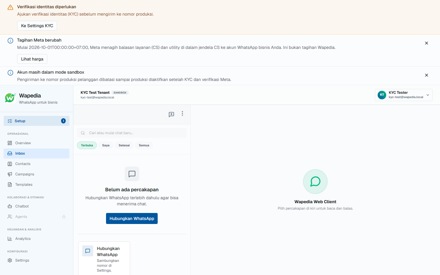 Inbox Sandbox kosong, tombol Hubungkan WhatsApp
